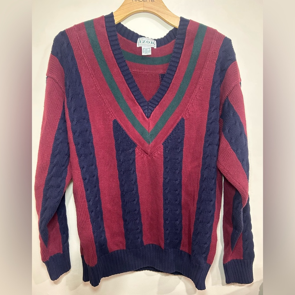 VTG Men’s IZOD Vneck Stripe Colorblock Knit Sweater Sz L Preppy Nautical